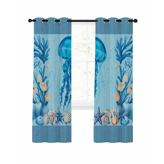 Summer Nautical Blackout Curtains for Bedroom Living Room, Ocean Jellyfish Cartoon Starfish Coral Black Stripes 63 In Long Thermal Insulated Room Darkening Drapes Grommet Window Treatments, 42x63 In