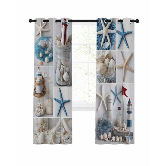 Summer Nautical Blackout Curtains for Bedroom Living Room, Starfish Shell Lighthouse 45 In Long Thermal Insulated Room Darkening Drapes Grommet Window Treatments, 42 x 45 In