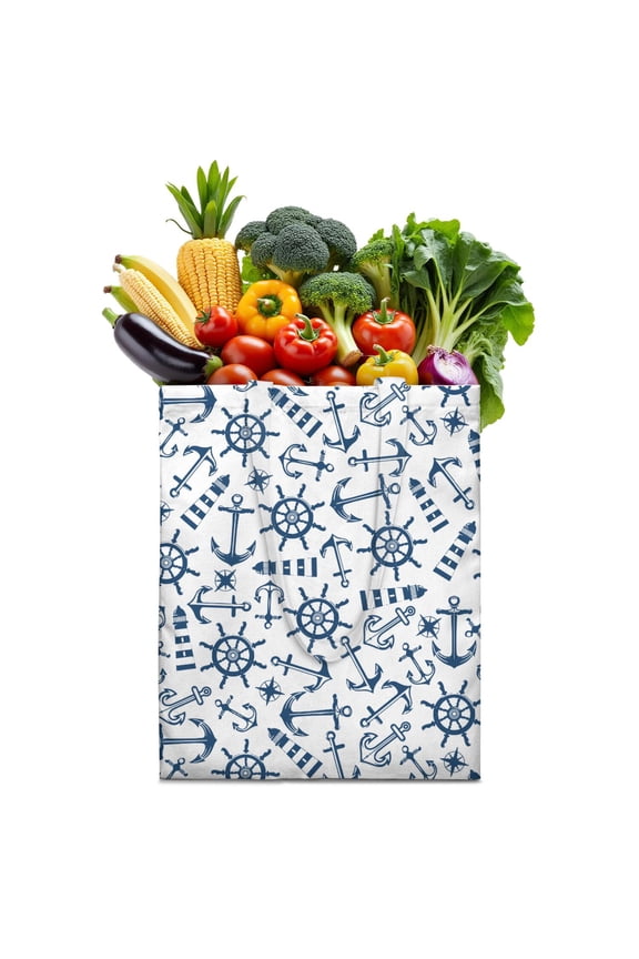Summer Nautical Canvas Tote Bag with Boat, Anchor, and Marine Waves Print, Durable Eco-Friendly Reusable Shopping Tote, Lightweight Foldable Handbag for Coastal & Beach Use