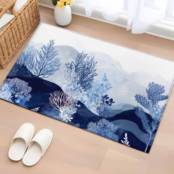 Summer Nautical Coastal Entryway Rug 2'x3' Non Slip Front Door Mats, Ocean Coral Waves Ombre Blue Entrance Rugs Indoor Outdoor Carpet, Washable Floor Mats Small Area Rug for Bedroom Kitchen