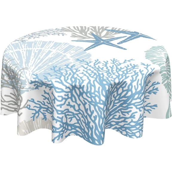 Summer Nautical Coastal Table Cloth Round Blue Ocean Themed Seashell Coral Starfish Tablecloth 60 Inch Decor Washable Stain and Wrinkle Resistant Round Table Cover for Dining Party Picnic