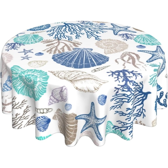 Summer Nautical Coastal Tablecloth Round 60 Inch Beach Starfish Seashell Print Polyester Table Cloth Sea Coral Circular Table Cover for Party Kitchen Dining Picnic Holiday Outdoor Decor