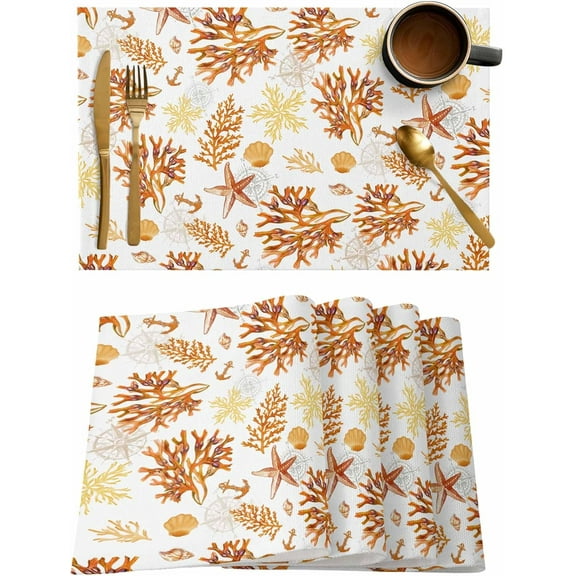 Summer Nautical Corals Placemats Set of 6,Washable Woven Burlap Cloth Fabric Placemat for Square/Rectangle/Round/Oval Dining Table,Easy Clean Place Mats for Kids Tropical Starfish Seashell Beach