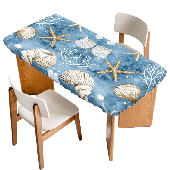 Summer Nautical Fitted Rectangle Tablecloth 24" x 36" Conch Shell Starfish Ocean Elastic Table Cloth Fits for 3 Foot Folding Tables Waterproof Table Cover for Picnic Camping Outdoor