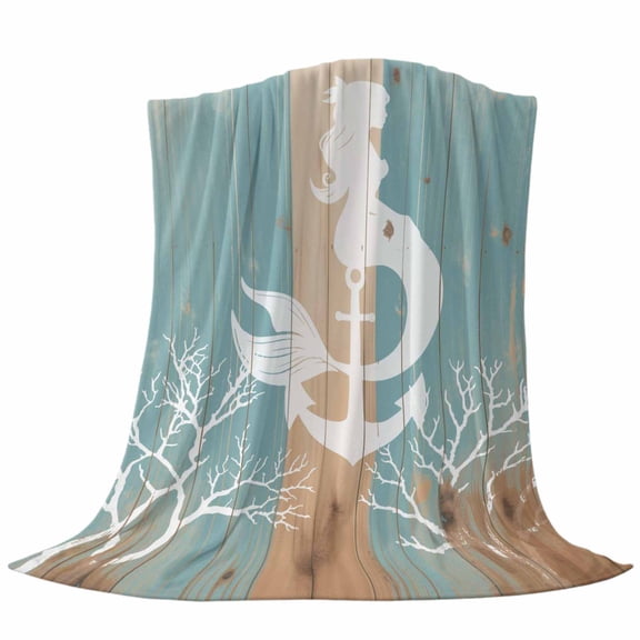 Summer Nautical Fleece Throw Blanket White Mermaid Coral Anchor Silhouette Wood Grain Ultra Soft Fuzzy Cozy Flannel Throw Blanket for Couch Sofa Bed Car Travel, Ideal Gifts 40x50 Inches
