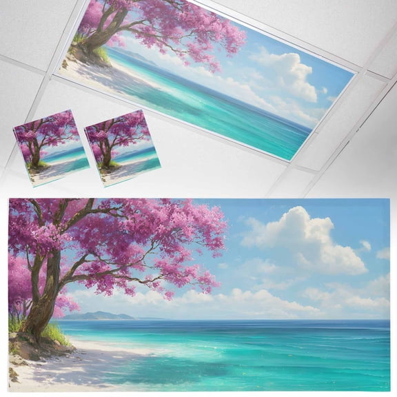 Summer Nautical Fluorescent Light Covers Coastal Scene Romantic Cherry Tree Pink Flowers Magnetic Light Filters Ceiling Lighting Panel Shade for Classroom Office Home 2 x 4 ft, 2 Pack