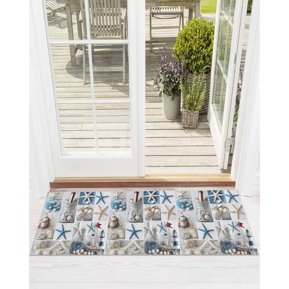 Summer Nautical Front Door Mat Starfish Shell Lighthouse Fishing Net Welcome Doormat Indoor Outdoor Entrance Floor Mat Non-Slip Washable Runner Rug for Front Porch Decor 16x47 Inch