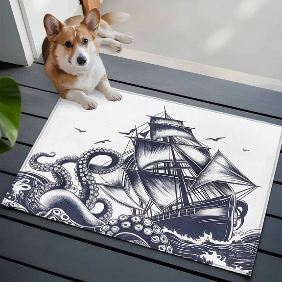 Summer Nautical Front Door Rugs 2x3 ft Ocean Giant Octopus Sea Monster Coastal Sailboat Small Rug for Entryway Non Slip Washable Bathroom Door Mat Absorbent Floor Mat for Indoor Entrance