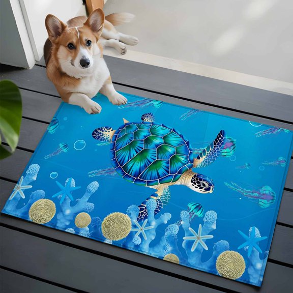 Summer Nautical Front Door Rugs 2x3 ft Ocean Sea Turtle Cartoon Starfish Coral Bubble Small Rug for Entryway Non Slip Washable Bathroom Door Mat Absorbent Floor Mat for Indoor Entrance