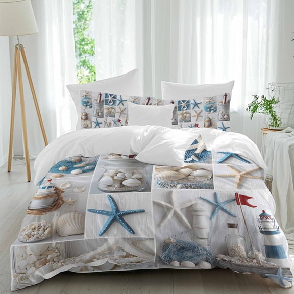 Summer Nautical Full Size Comforter Set, Starfish Shell Lighthouse Fishing Net Bedding for All Seasons, 4 Pcs Bed Set, 1Quiltcover (86"x86") ,1Sheet(80"x116"), 2Pillowcases (30"x20")