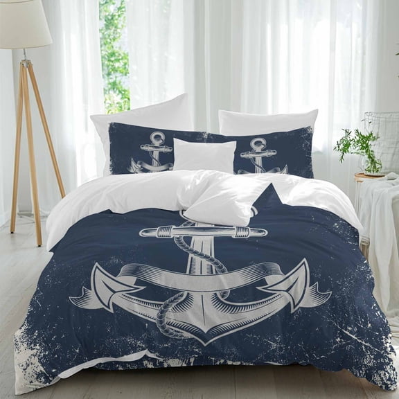 Summer Nautical Full Size Comforter Set, Watercolor Ocean Anchor Pattern Retro Navy Blue Bedding for All Seasons, 4 Pcs Bed Set, 1Quiltcover (86"x86") ,1Sheet(80"x116"), 2Pillowcases (30"x20")