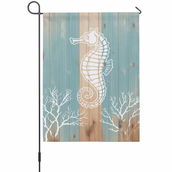 Summer Nautical Garden Flag 12 x 18 Inches, White Ocean Seahorse Coral Silhouette Wood Grain Weather Proof Outdoor Patio Flags Double Sided Small Garden Decoration for Yard Outside Home