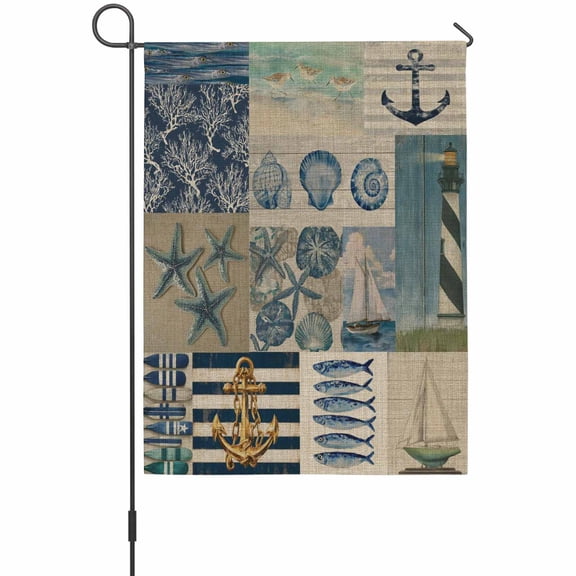 Summer Nautical Garden Flags For Outdoor, Blue Starfish Shells Anchor Boat Patchwork Linen Small Double Side Yard Flags Weather Proof Garden Decor for Lawn Outside Holiday 12 x 18 Inches