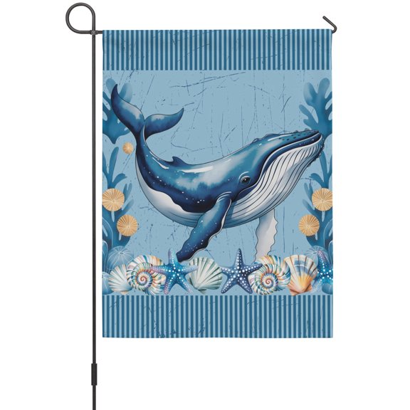 Summer Nautical Garden Flags For Outdoor, Ocean Whale Cartoon Starfish Coral Black Stripes Small Double Side Yard Flags Weather Proof Garden Decor for Lawn Outside Holiday 12 x 18 Inches