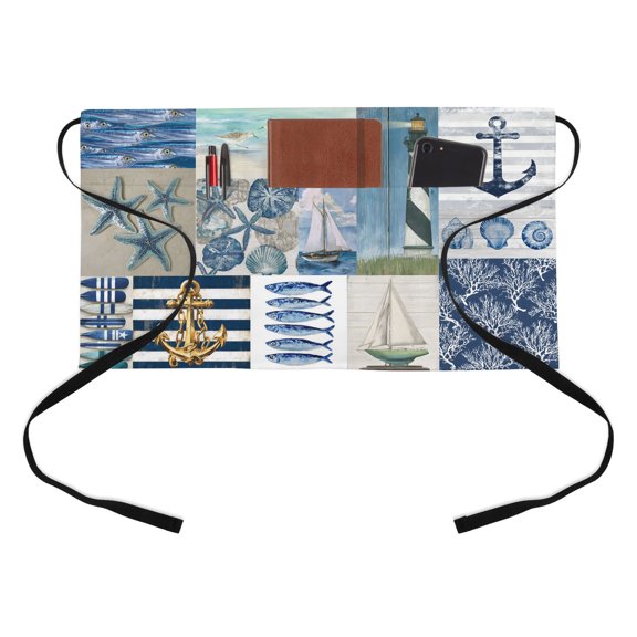 Summer Nautical Half Waist Apron Blue Starfish Shells Anchor Boat Patchwork Short Waiter Aprons with 3 Pockets for Women Men Kitchen Restaurant Cooking