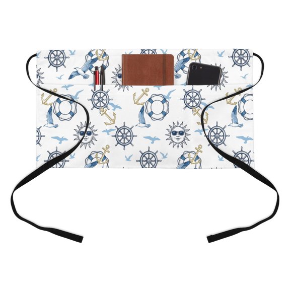 Summer Nautical Half Waist Apron Cartoon Sun Coastal Anchor Rudder Cute Seagull Short Waiter Aprons with 3 Pockets for Women Men Kitchen Restaurant Cooking