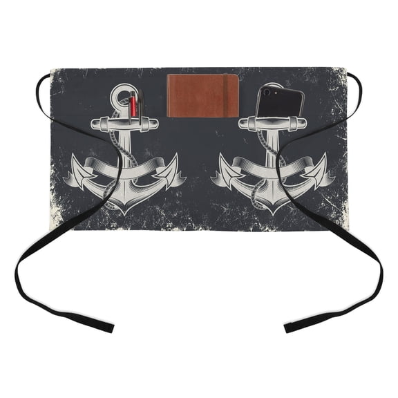 Summer Nautical Half Waist Apron Watercolor Ocean Anchor Pattern Retro Black Short Waiter Aprons with 3 Pockets for Women Men Kitchen Restaurant Cooking