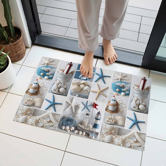 Summer Nautical Indoor Door Mat 16x24 Inch Starfish Shell Lighthouse Fishing Net Front Door Mat Non Slip Washable Entryway Rug Low Profile Dirt Trapper Doormat for Bathroom Kitchen Bedroom