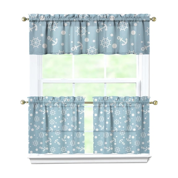 Summer Nautical Kitchen Curtains Set Marine Anchor Lighthouse Boat Wave Ocean Compass Seaside Coastal Tier and Valance Rod Pocket Curtains