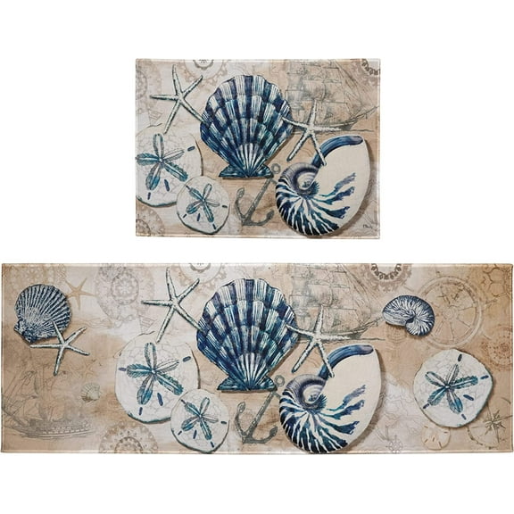 Summer Nautical Kitchen Rugs Set 2 Piece,Ocean Theme Seashell Decorative Rugs for Kitchen, Tropical Beach Low-Profile Floor Mats Decorations for Home Kitchen (17.7x47.2+17.7x23.6)