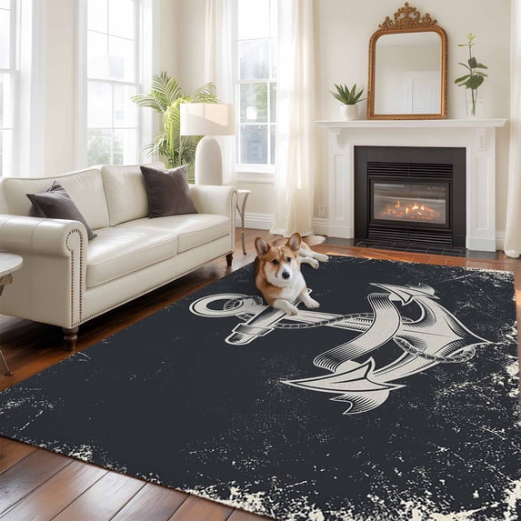 Summer Nautical Large Area Rugs 8x10 ft Watercolor Ocean Anchor Pattern Retro Black Washable Rug Non Slip Indoor Carpet Absorbent Floor Mat for Living Room Bedroom Dining Room