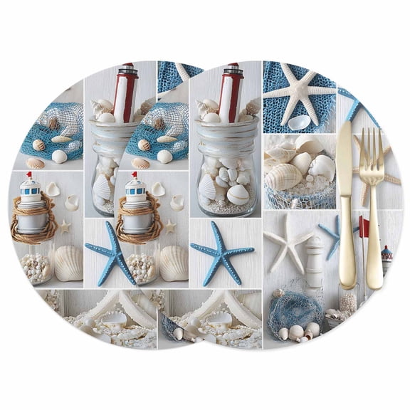 Summer Nautical Leather Placemats Set of 2, 12 Inch, Starfish Shell Lighthouse Fishing Net Waterproof Oil-Proof Place Mats, Non-Slip Table Mats for Kitchen, Dining Room, Indoor Outdoor