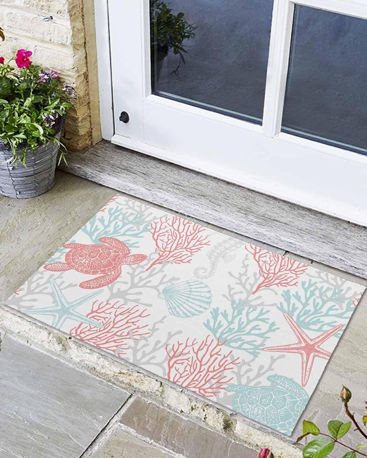 Summer Nautical Ocean Sea Turtle Shell Front Door Mat, Non Slip