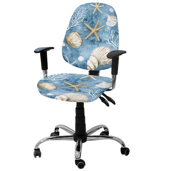 Summer Nautical Office Chair Covers Stretchable Conch Shell Starfish Ocean Split Computer Desk Chair Cover Universal Spandex Chair Seat Covers Rotating Boss Arm Chair Slipcovers