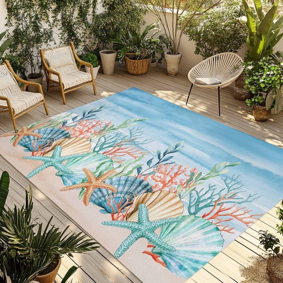 Summer Nautical Outdoor Rug for Patio/Deck/Porch, Non-Slip Large Area Rug 3 x 5 Ft, Coastal Beach Starfish Coral Shell Blue Indoor Outdoor Rugs Washable Area Rugs, Camping Rug Carpet Runner
