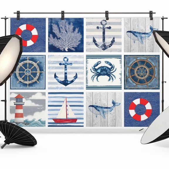 Summer Nautical Photography Backdrop 7x5FT, Blue Anchor Lighthouse Crab Whale Patchwork Photo Backdrops, Background for Photography Studio Photo Studio Background, Back Drop for Photoshoot