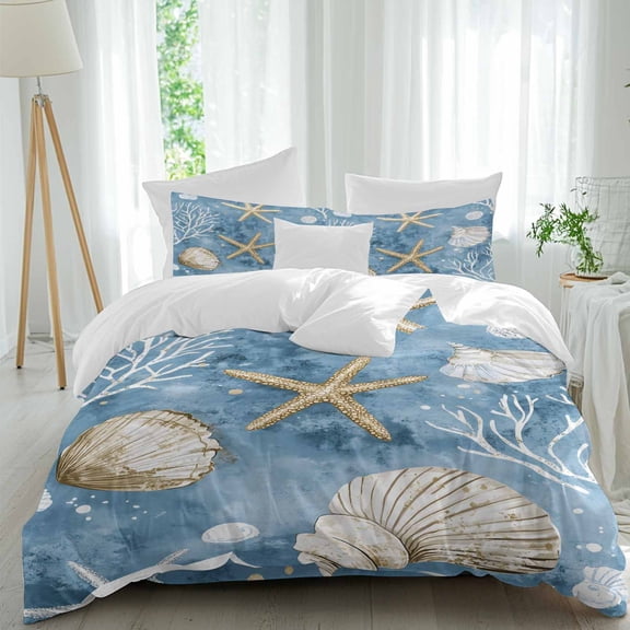 Summer Nautical Queen Size Comforter Set, Conch Shell Starfish Ocean Bedding for All Seasons, 4 Pcs Bed Set, 1Quiltcover (90"x92") ,1Sheet(94"x116"), 2Pillowcases (30"x20")