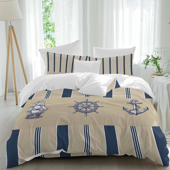 Summer Nautical Queen Size Comforter Set, Ocean Sailboat Rudder Coastal Anchor Stripes Texture Bedding for All Seasons, 4 Pcs Bed Set, 1Quiltcover (90"x92") ,1Sheet(94"x116"), 2Pillowcases (30"x20")