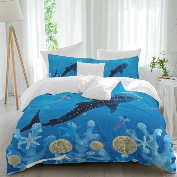 Summer Nautical Queen Size Comforter Set, Ocean Shark Cartoon Jellyfish Coral Bubble Bedding for All Seasons, 4 Pcs Bed Set, 1Quiltcover (90"x92") ,1Sheet(94"x116"), 2Pillowcases (30"x20")