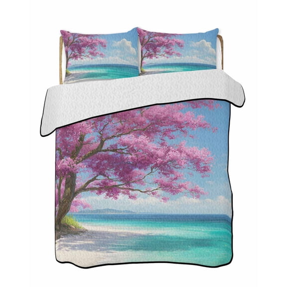 Summer Nautical Quilts Bedding Set California King Coastal Scene Romantic Cherry Tree Pink Flowers Lightweight Quilted Bedspread 3 Piece Bed Quilt with 2 Pillow Shams for Bedroom 96" x 106"