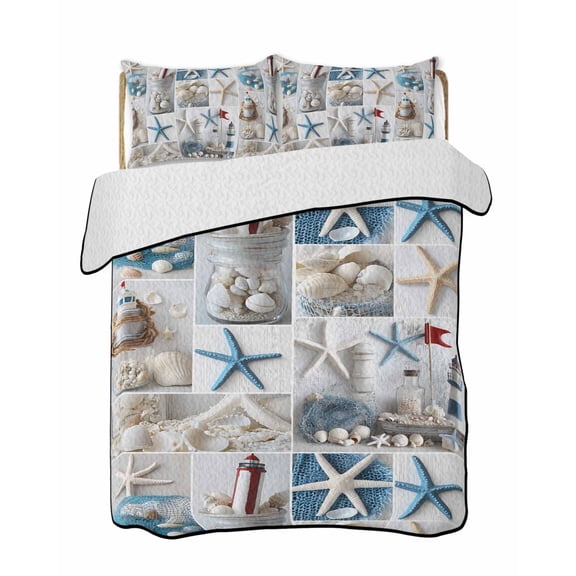 Summer Nautical Quilts Bedding Set Queen Size Starfish Shell Lighthouse Lightweight Quilted Bedspread 3 Piece Bed Quilt with 2 Pillow Shams All Season for Bedroom 78" x 90"