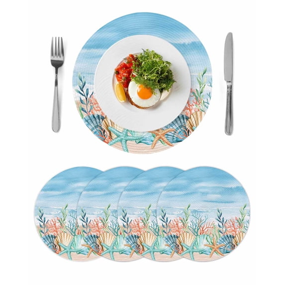 Summer Nautical Round 13 Inch Placemats Set of 4, Coastal Beach Starfish Coral Shell Blue HeatResistant Non Slip Place Mats for Dining Table, Wipeable Braided Kitchen Table Mats for Housewarming