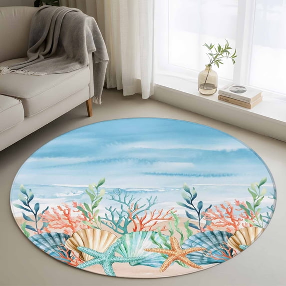 Summer Nautical Round Area Rug 3Ft Washable Small Circle Rugs for Kitchen Entryway, Coastal Beach Starfish Coral Shell Blue Non-Slip Carpet Floor Mats Indoor Outdoor Carpet Runner Home Decor