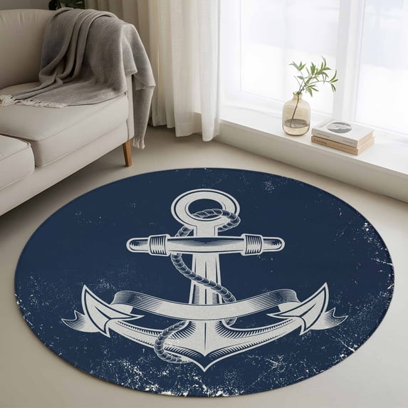 Summer Nautical Round Area Rugs 3 ft, Watercolor Ocean Anchor Pattern Retro Navy Blue Washable Small Area Rug with Non-Slip Sturdy Edge Binding Round Front Door Mat Floor Carpet for Entryway