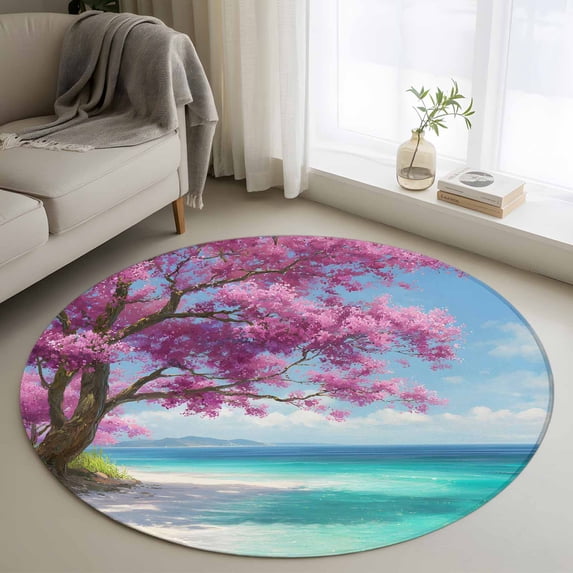 Summer Nautical Round Living Room Rugs 3.3 ft, Coastal Scene Romantic Cherry Tree Pink Flowers Washable Area Rug with Non-Slip Sturdy Edge Binding Round Front Door Mat Floor Carpet for Entryway