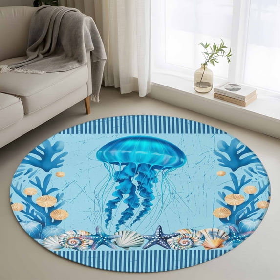 Summer Nautical Round Living Room Rugs 4 ft, Ocean Jellyfish Cartoon Starfish Coral Black Stripes Washable Area Rug Non-Slip Sturdy Edge Binding Round Carpet for Entryway Kitchen Bedroom Bathroom