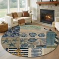 thumbnail image 1 of Summer Nautical Round Living Room Rugs 8 ft, Blue Starfish Shells Anchor Boat Patchwork Linen Washable Large Area Rug with Non-Slip Sturdy Edge Binding Round Carpet for Dining Room Kitchen Office, 1 of 9