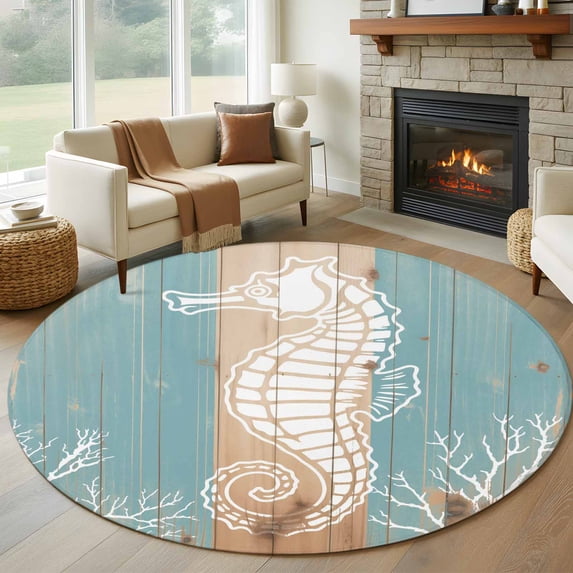 Summer Nautical Round Living Room Rugs 8 ft, White Ocean Seahorse Coral Silhouette Wood Grain Washable Large Area Rug with Non-Slip Sturdy Edge Binding Round Carpet for Dining Room Kitchen Office