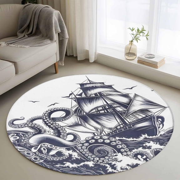 Summer Nautical Round Rugs for Living Room 3ft Ocean Giant Octopus Sea Monster Coastal Sailboat Non Slip Circle Rug Washable Low-Profile Indoor Carpet for Bedroom, Dining Room, Bathroom