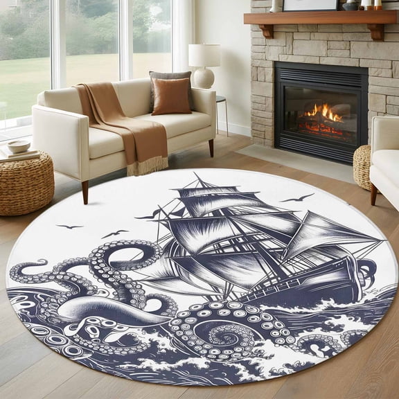 Summer Nautical Round Rugs for Living Room 5ft Ocean Giant Octopus Sea Monster Coastal Sailboat Non Slip Circle Rug Washable Low-Profile Indoor Carpet for Bedroom, Dining Room, Bathroom