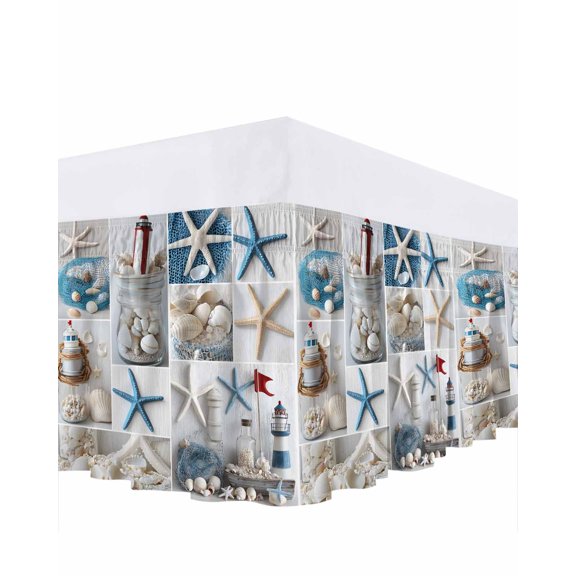 Summer Nautical Ruffle Bed Skirt King Size Starfish Shell Lighthouse Adjustable Elastic Dust Bed Skirts Wrap Around Bedskirt Wrinkle Free Easy Fit with 16 Inch Drop