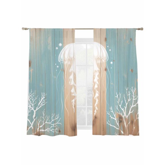 Summer Nautical Sheer Curtains 2 Panels Set White Jellyfish Coral Silhouette Wood Grain Sheer Window Curtains Light Filtering Rod Pocket Voile Drapes for Bedroom Living Room 52"x63"