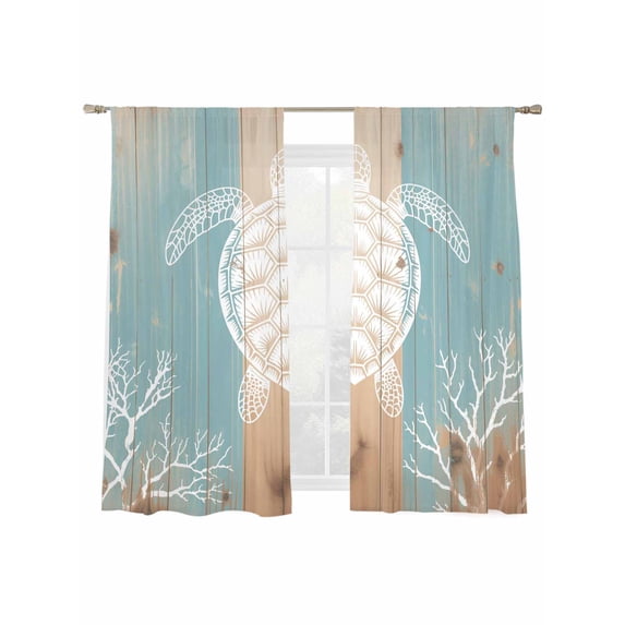 Summer Nautical Sheer Curtains 2 Panels Set White Sea Turtle Coral Silhouette Wood Grain Sheer Window Curtains Light Filtering Rod Pocket Voile Drapes for Bedroom Living Room 52"X72"