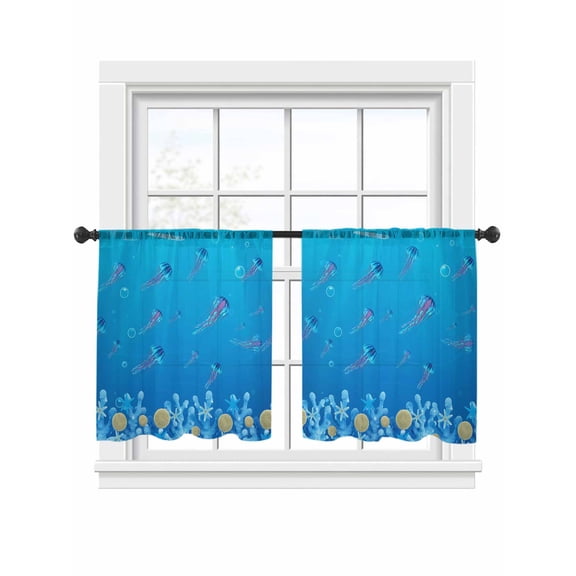Summer Nautical Sheer Curtains 45 Inch Long 2 Panels, Ocean Sea Jellyfish Cartoon Starfish Coral Bubble Light Filtering Rod Pocket Curtains, Sheer Voile Drapes for Living Room Bedroom, 52"x45"