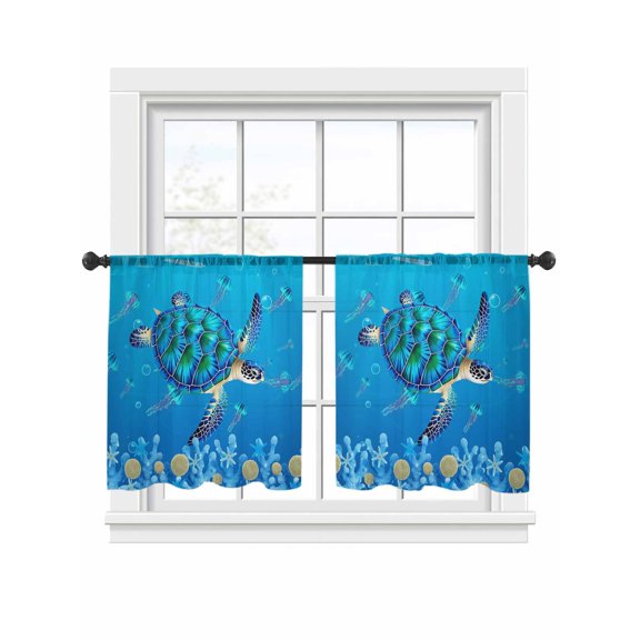 Summer Nautical Sheer Curtains 45 Inch Long 2 Panels, Ocean Sea Turtle Cartoon Starfish Coral Bubble Light Filtering Rod Pocket Curtains, Sheer Voile Drapes for Living Room Bedroom, 52"x45"