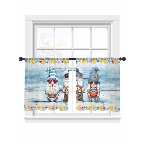 Summer Nautical Sheer Curtains 54 Inch Long 2 Panels, Cute Gnomes Crab Cartoon Rudder Starfish Blue Wood Grain Light Filtering Rod Pocket Curtains, Sheer Voile Drapes for Living Room, 52"x54"